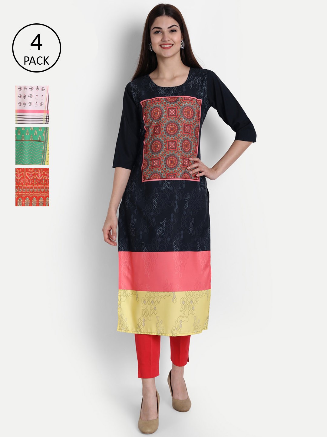 

1 Stop Fashion Women Pack of 4 Digital Print Straight Kurtas, Multi