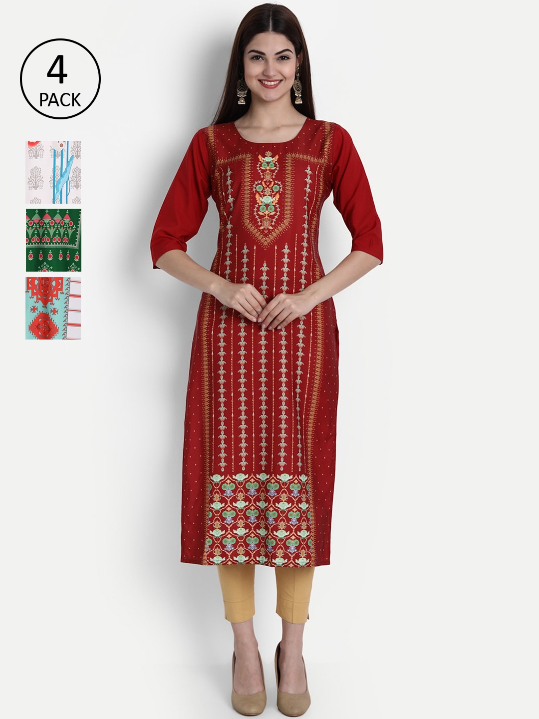 

1 Stop Fashion Women Pack of 4 Ethnic Motifs Crepe Kurta, Maroon