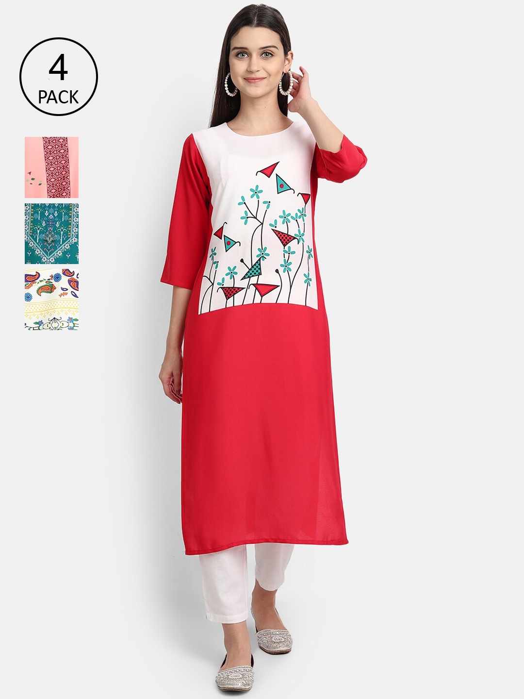 

1 Stop Fashion Women Pack of 4 Digital Print Straight Kurtas, Multi