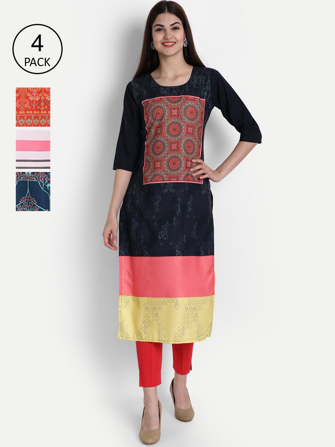 

1 Stop Fashion Women Pack of 4 Digital Print Straight Kurtas, Multi