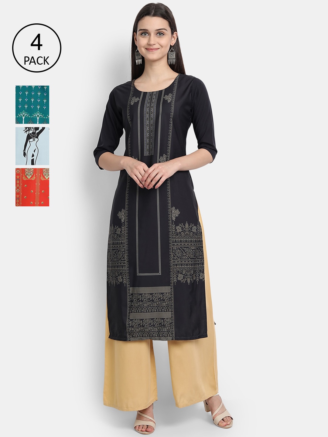 

1 Stop Fashion Women Pack of 4 Digital Print Straight Kurtas, Multi