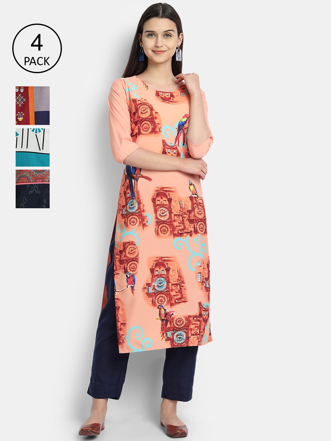 

1 Stop Fashion Women Pack of 4 Digital Print Straight Kurtas, Multi