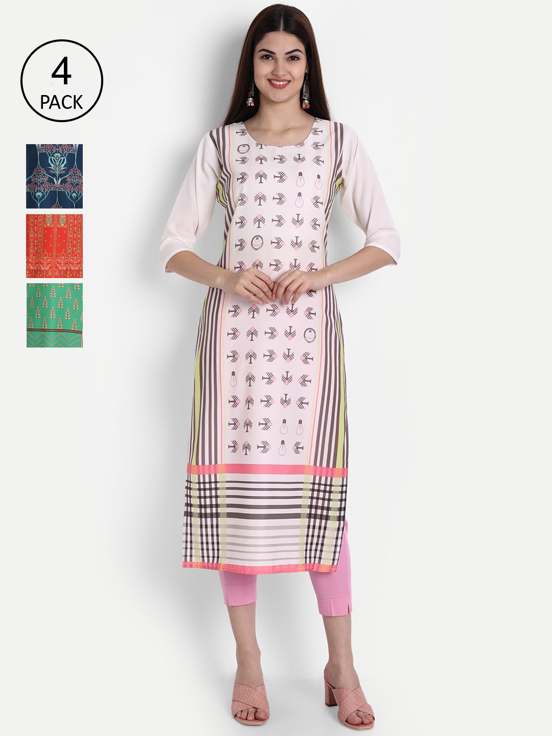 

1 Stop Fashion Women Pack of 4 Digital Print Straight Kurtas, Multi