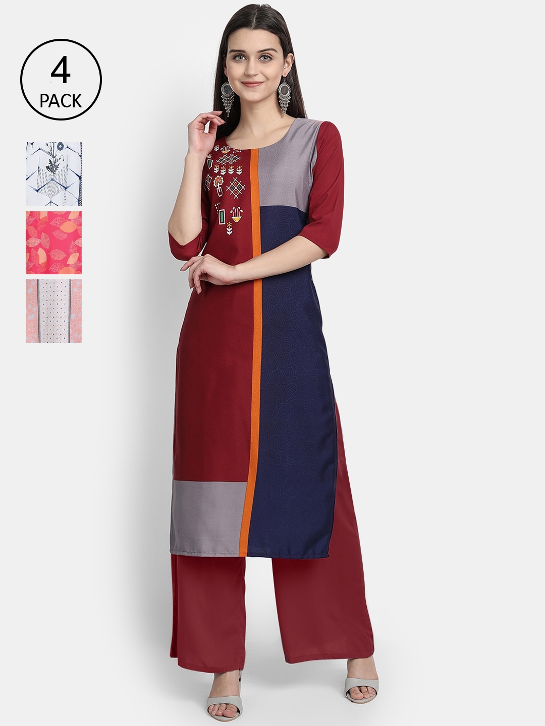 

1 Stop Fashion Women Pack of 4 Ethnic Motifs Printed Crepe Kurta, Maroon