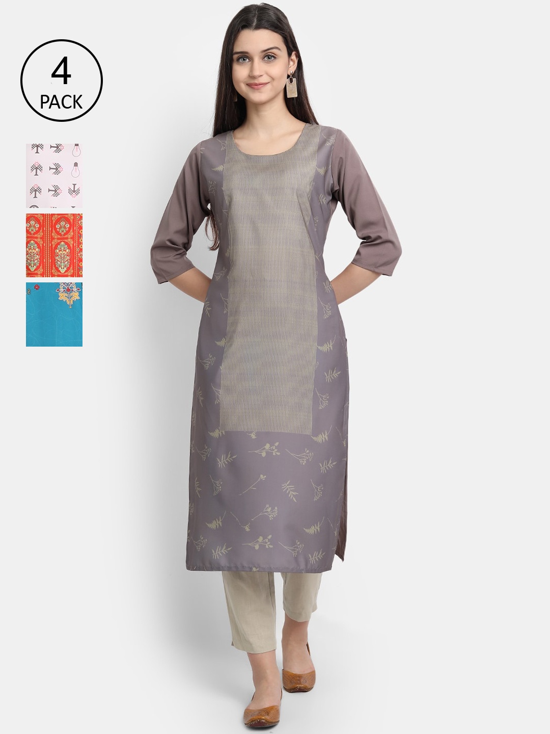 

1 Stop Fashion Women Set-4 Grey & White Colourblocked Crepe Kurta