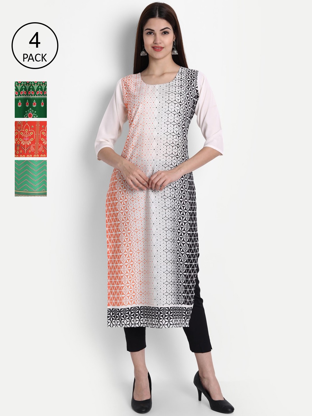 

1 Stop Fashion Women Pack Of 4 White & Green Ethnic Motifs Printed Crepe Kurta