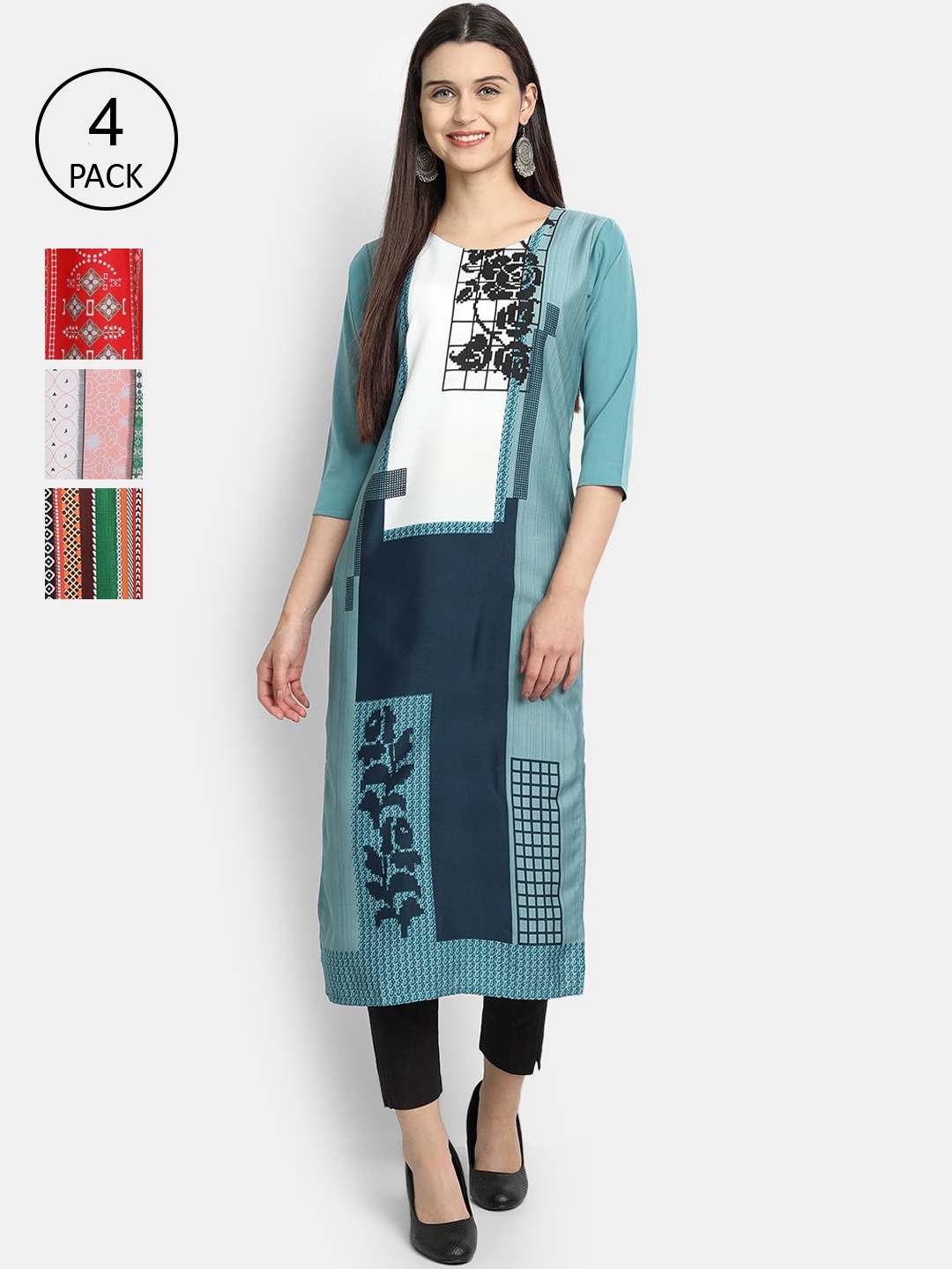 

1 Stop Fashion Women Pack Of 4 Digital Printed Crepe Kurta, Blue
