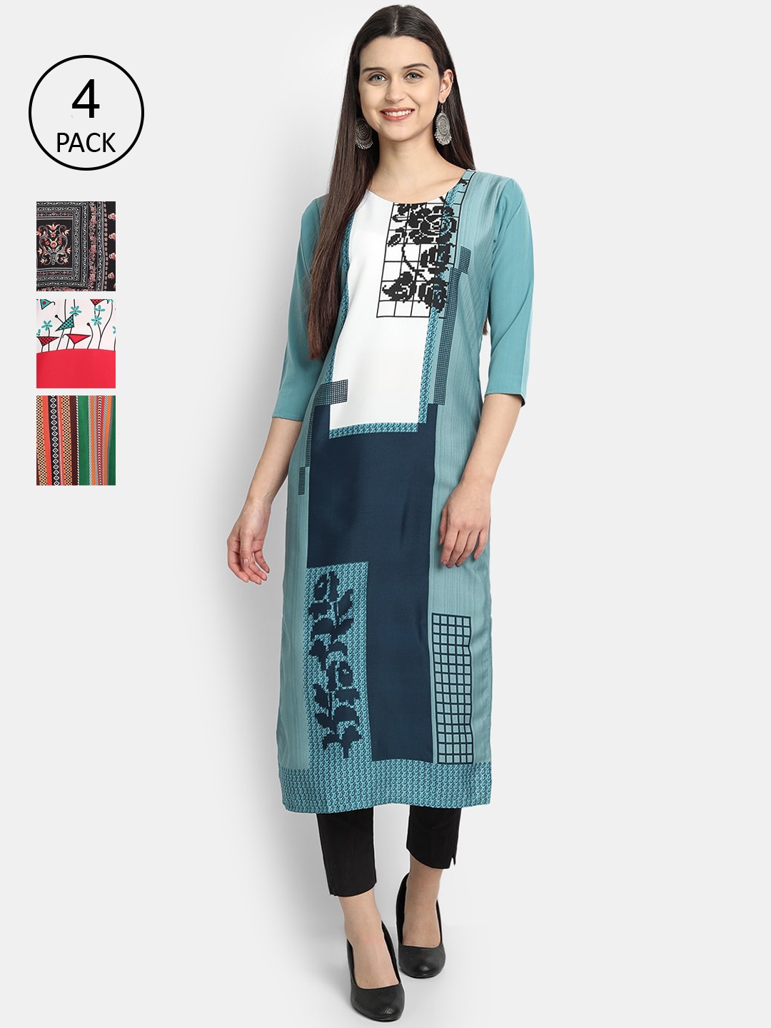 

1 Stop Fashion Women Set-4 Blue & White Ethnic Motifs Printed Crepe Kurta