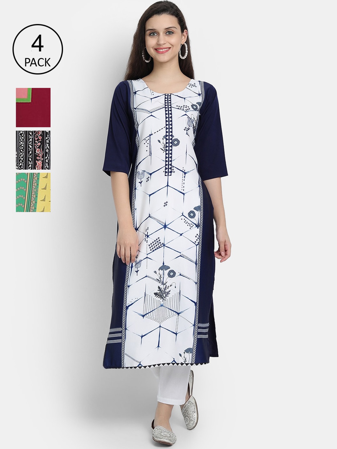 

1 Stop Fashion Women Pack Of 4 Ethnic Motifs Printed Crepe Kurta, White