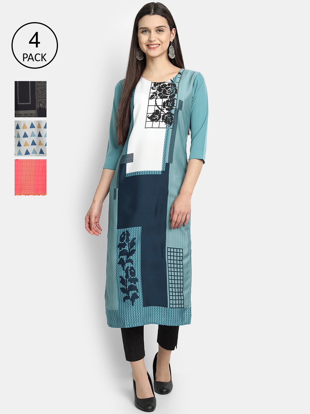 

1 Stop Fashion Women Pack of 4 Digital Printed Straight Kurtas, Green
