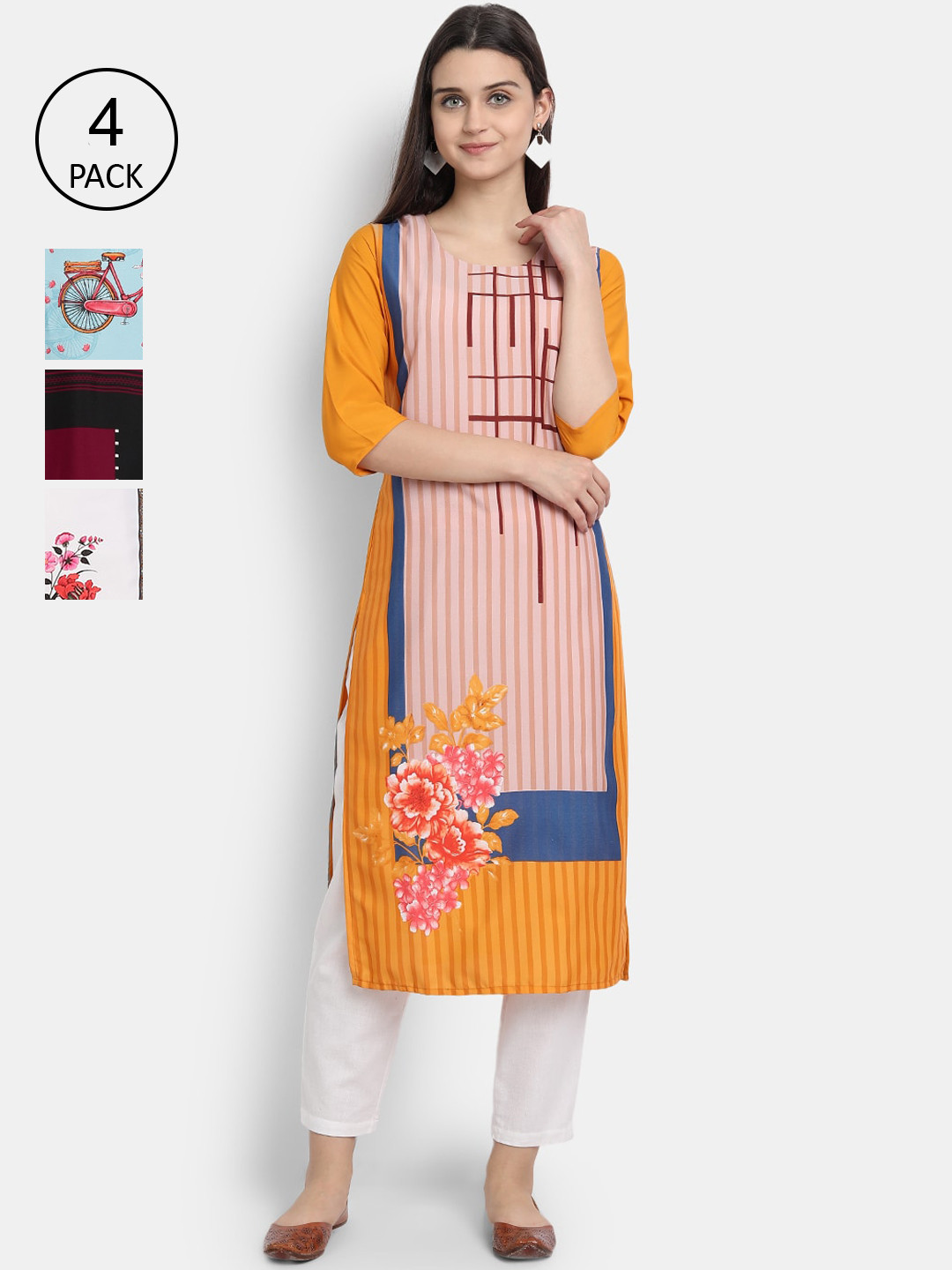 

1 Stop Fashion Women Pack Of 4 Mustard Yellow & White Printed Crepe Kurta