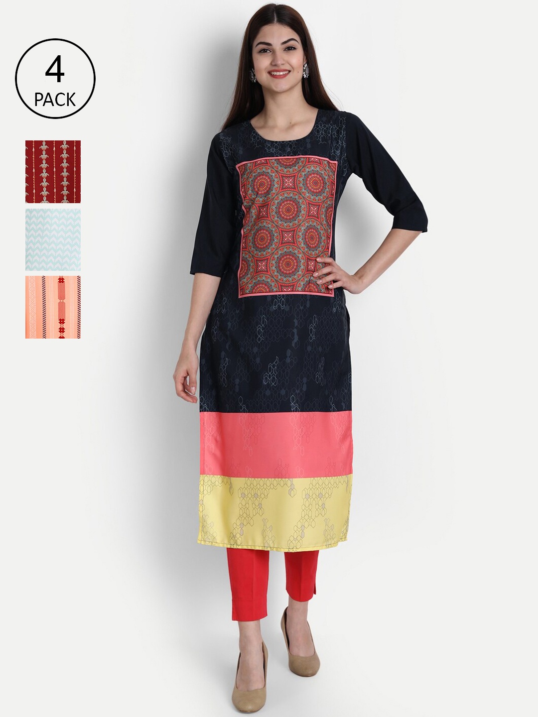 

1 Stop Fashion Women Pack of 4 Digital Print Straight Kurtas, Multi