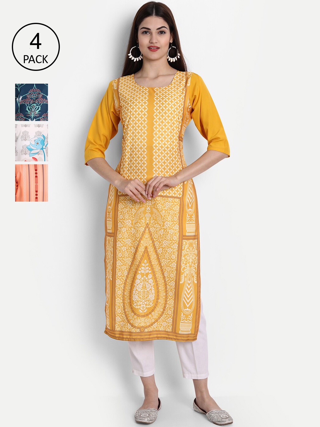 

1 Stop Fashion Set Of 4 Women Multicoloured Floral Printed Crepe Kurta, Multi