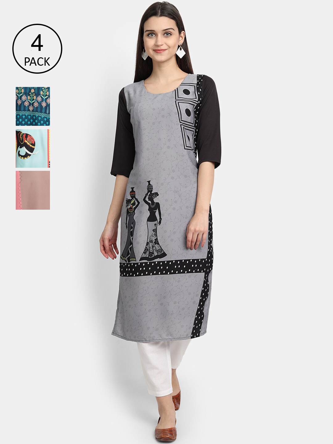 

1 Stop Fashion Women Pack of 4 Digital Print Straight Kurtas, Multi