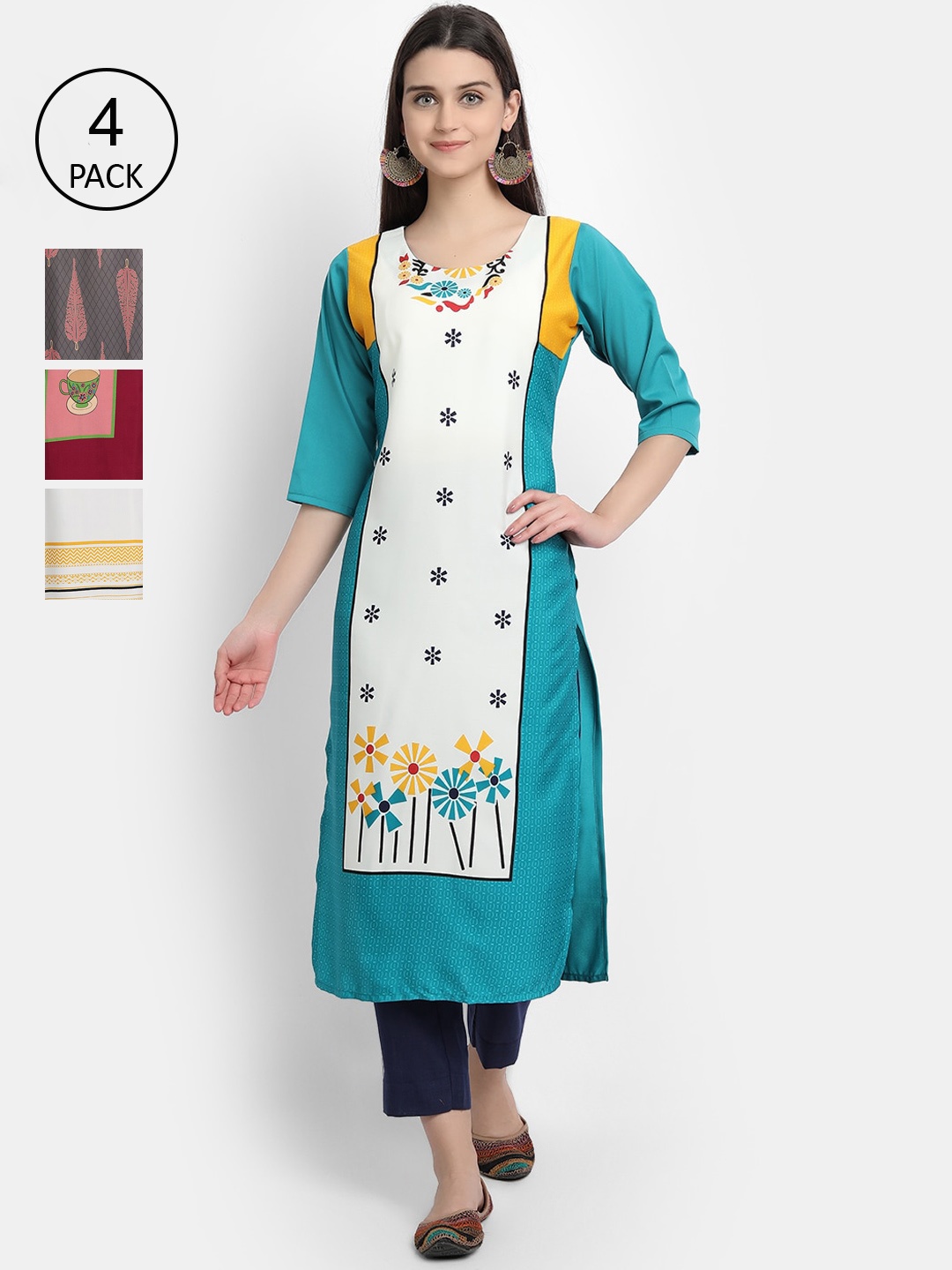 

1 Stop Fashion Women Pack of 4 Digital Print Straight Kurtas, Multi