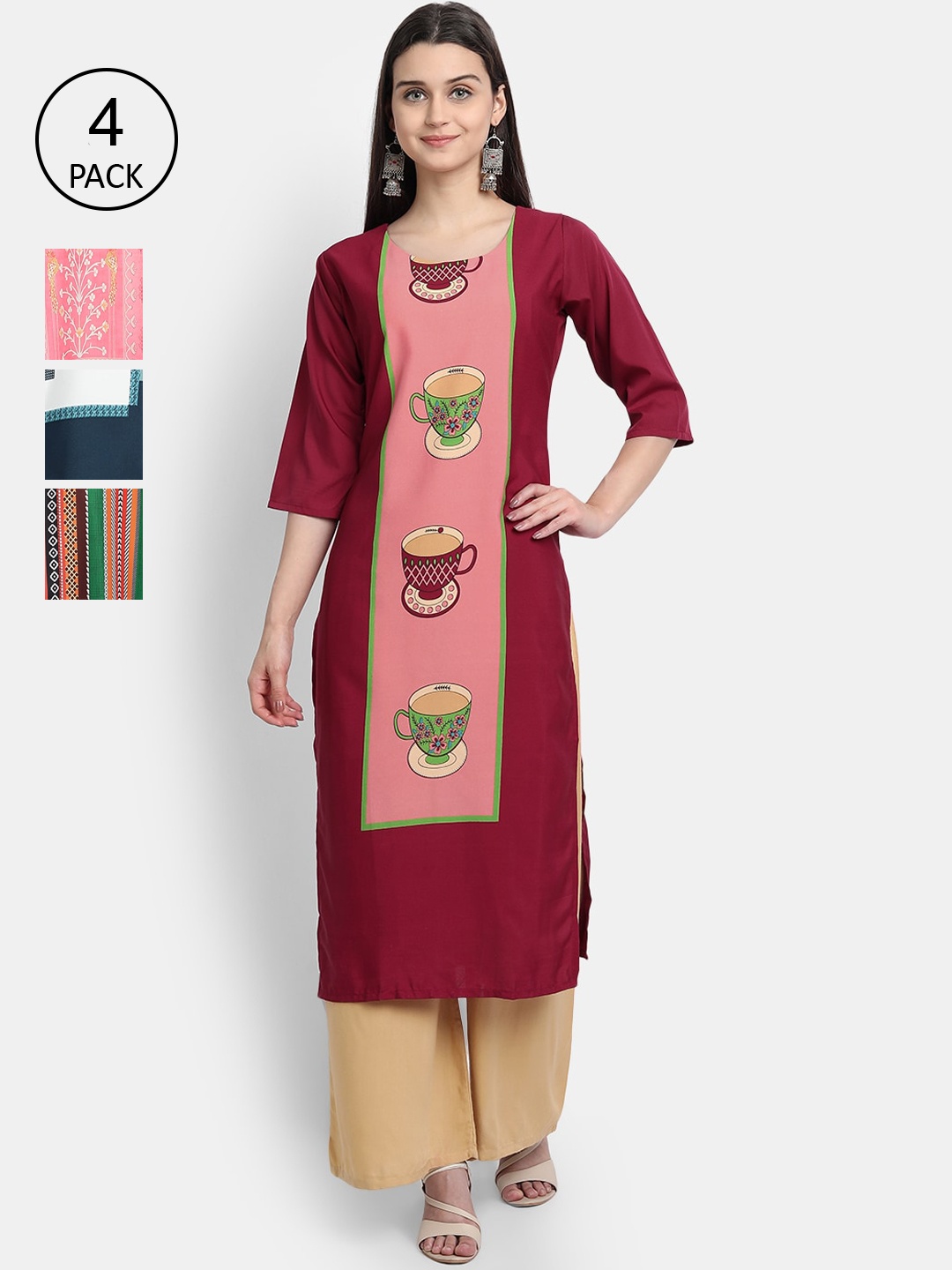 

1 Stop Fashion Women Pack of 4 Ethnic Motifs Printed Crepe Kurta, Maroon