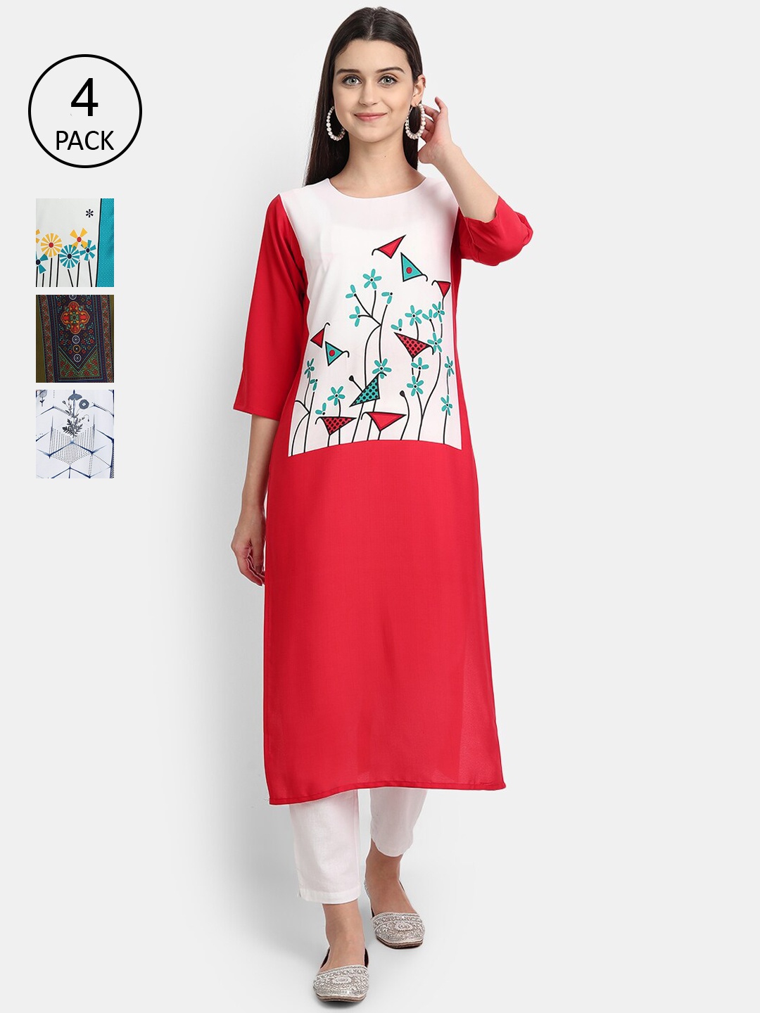 

1 Stop Fashion Women Pack of 4 Digital Print Straight Kurtas, Multi