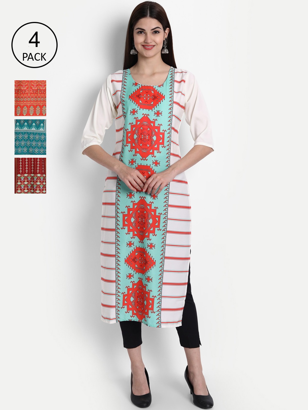 

1 Stop Fashion Women Pack of 4 Digital Print Straight Kurtas, Multi