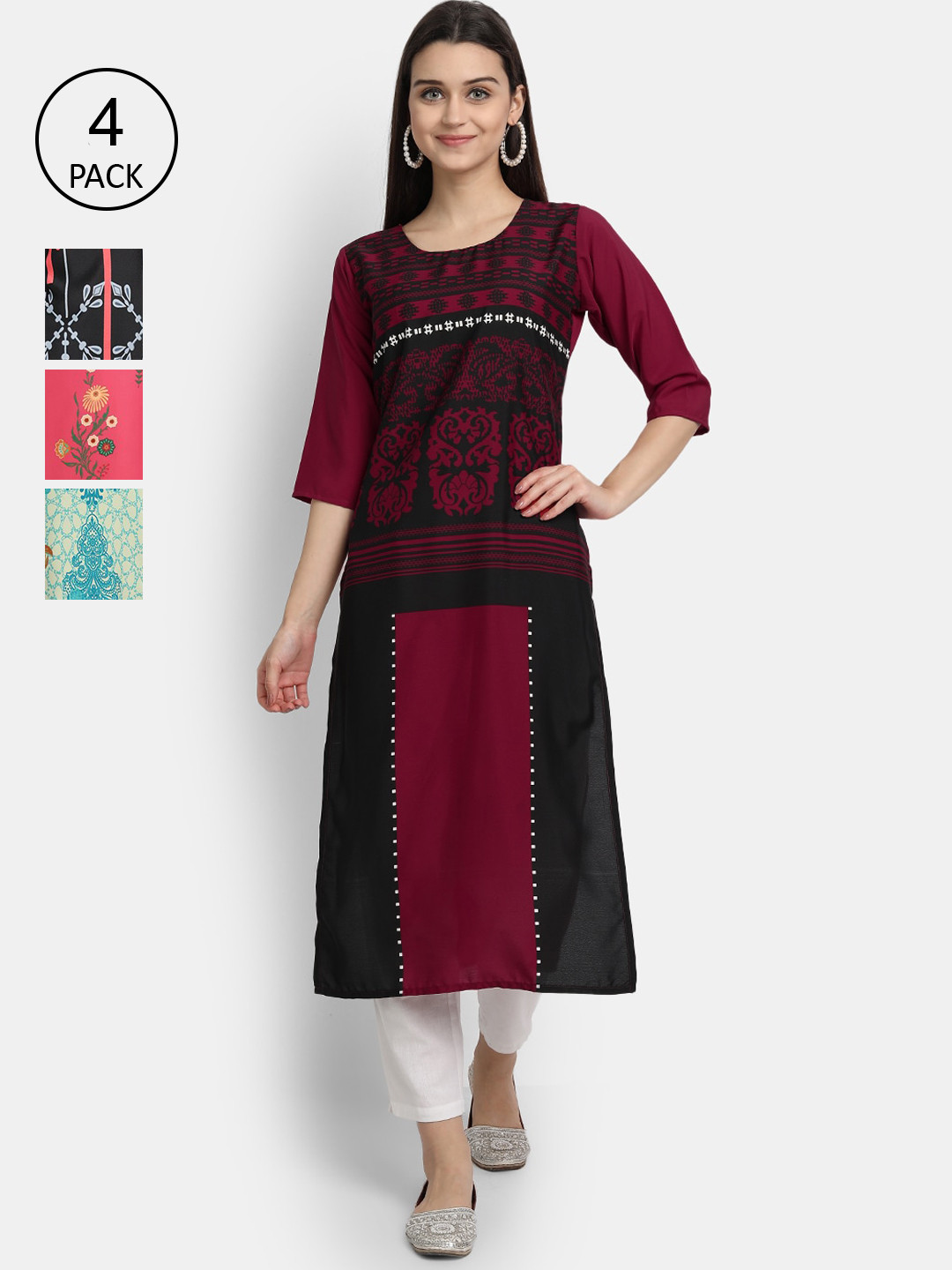 

1 Stop Fashion Women Pack of 4 Digital Print Straight Kurtas, Multi