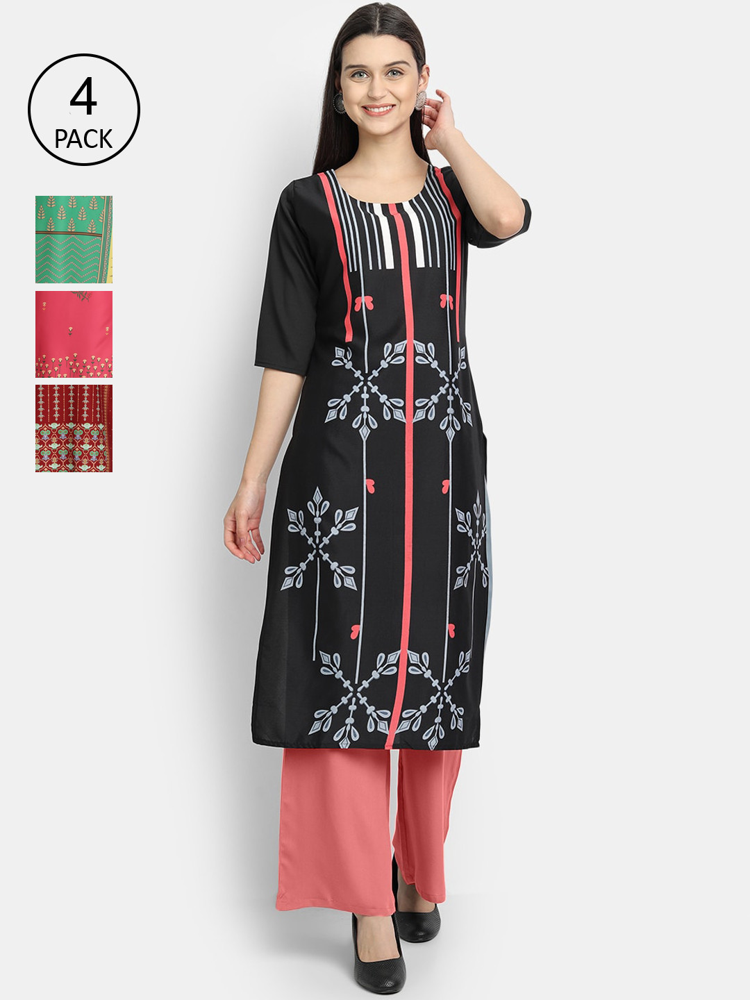 

1 Stop Fashion Women Pack of 4 Digital Print Straight Kurtas, Multi