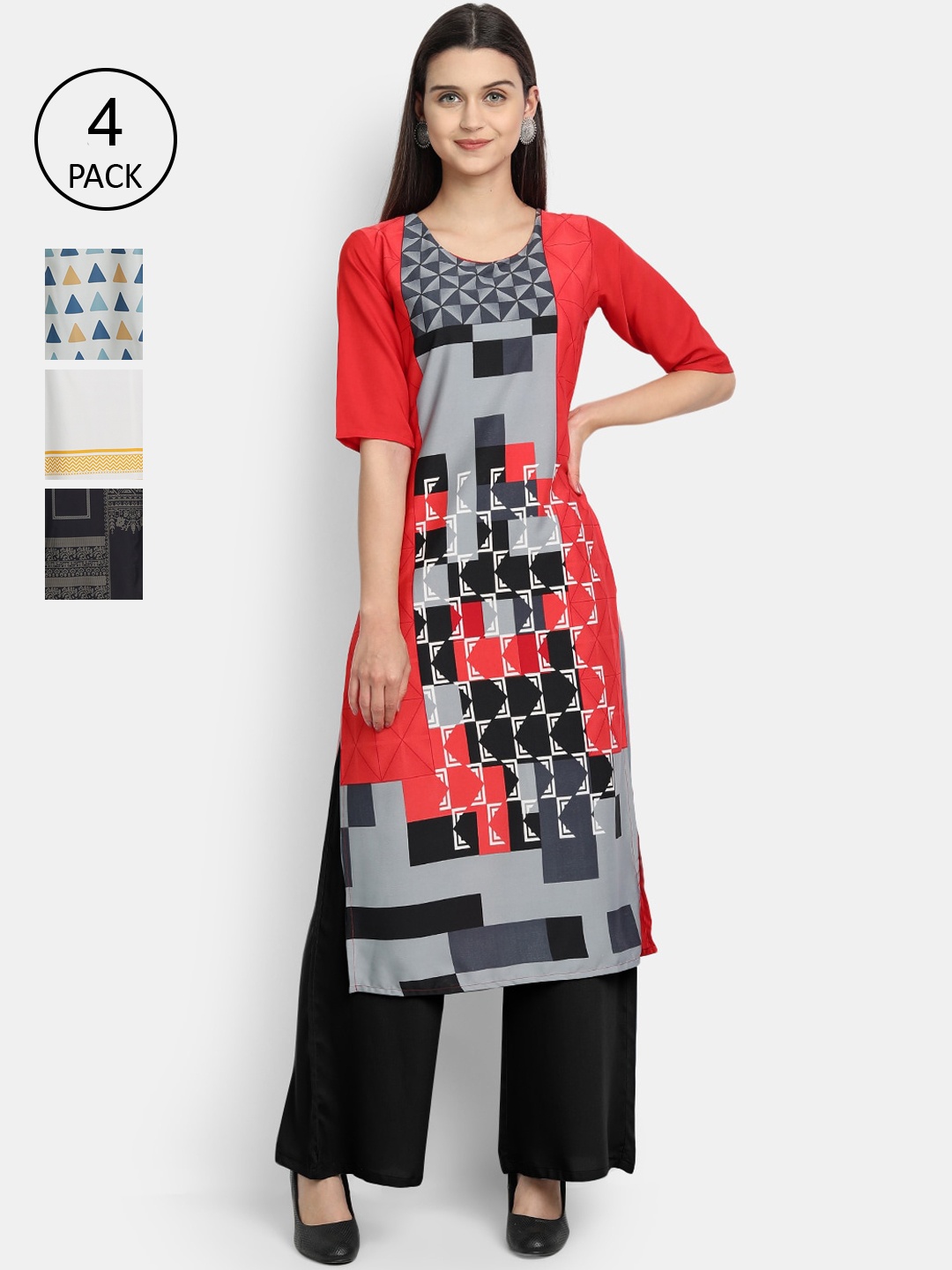 

1 Stop Fashion Woman Pack of 4 Multicoloured Geometric Striped Crepe Kurta, Multi