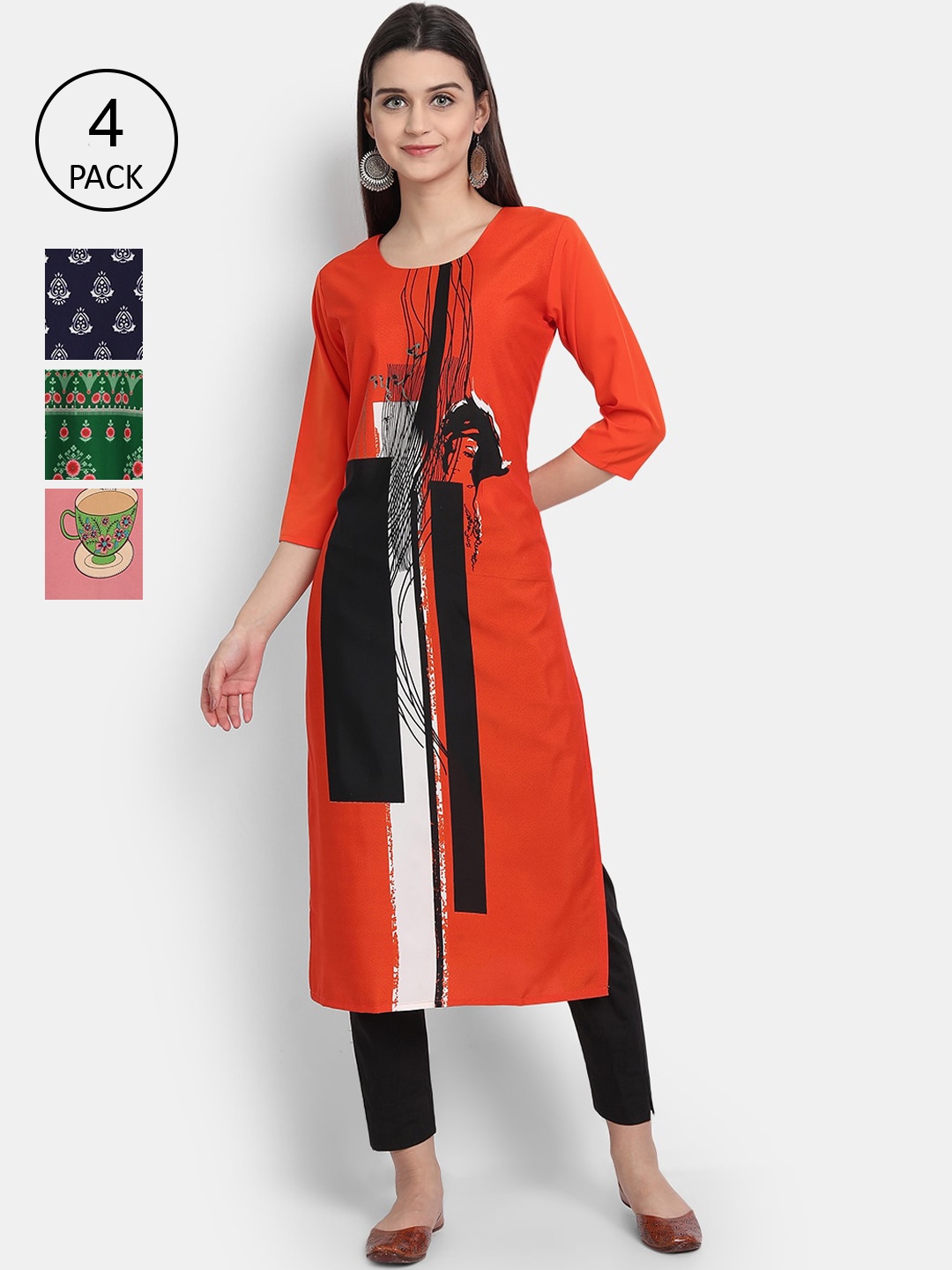 

1 Stop Fashion Women Pack of 4 Digital Print Straight Kurtas, Multi