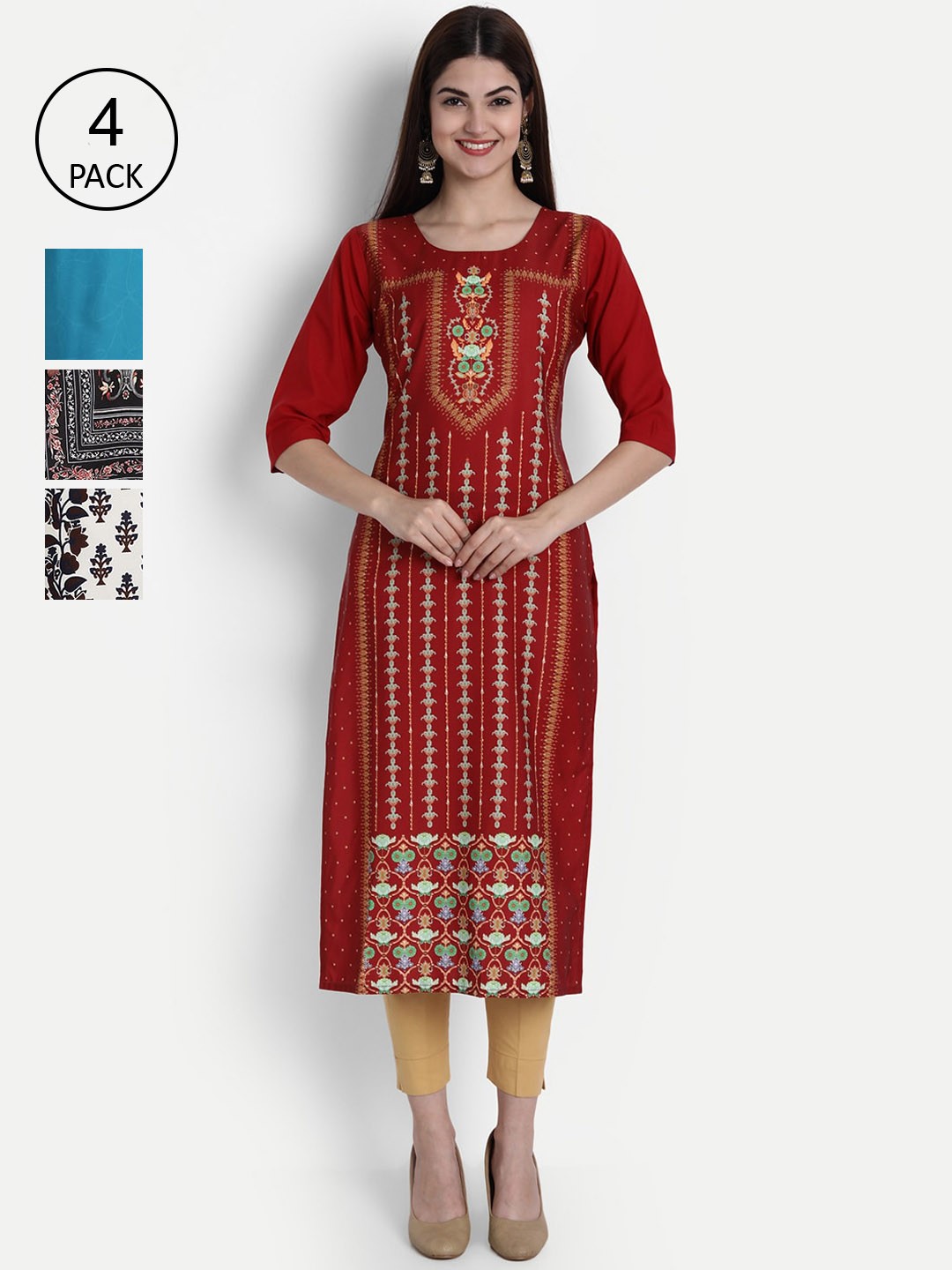 

1 Stop Fashion Pack Of 4 Printed Straight Kurta, Multi
