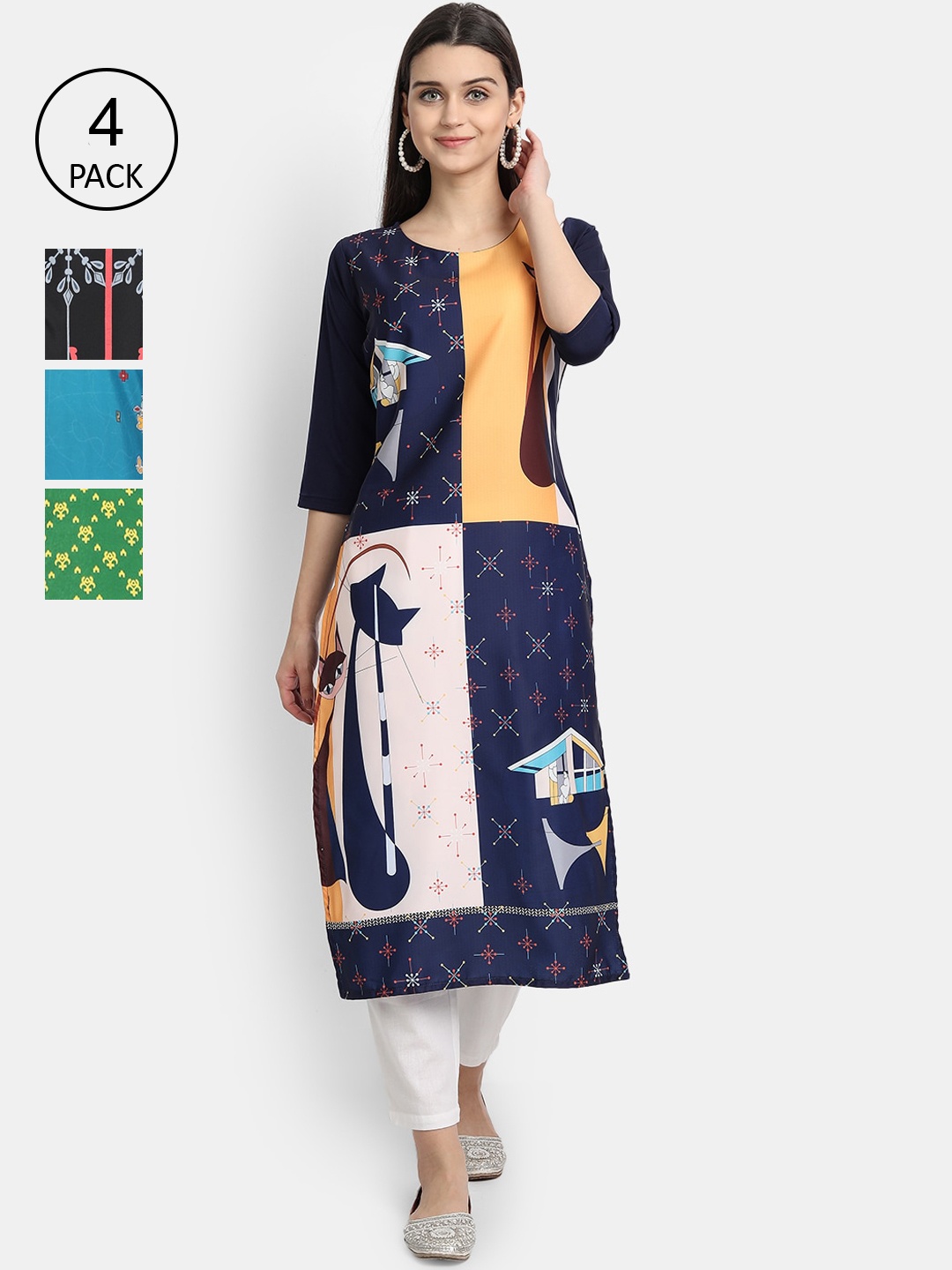 

1 Stop Fashion Women Pack Of 4 Digital Printed Crepe Kurta, Navy blue