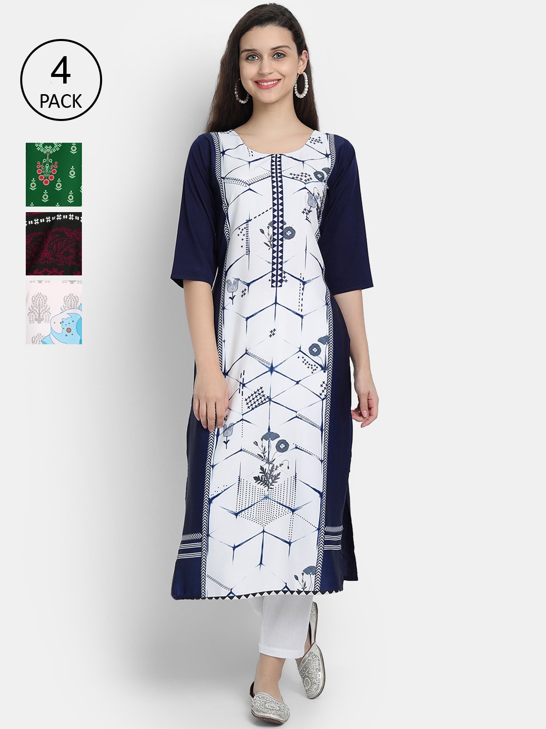 

1 Stop Fashion Women Pack Of 4 Digital Printed Crepe Kurta, White