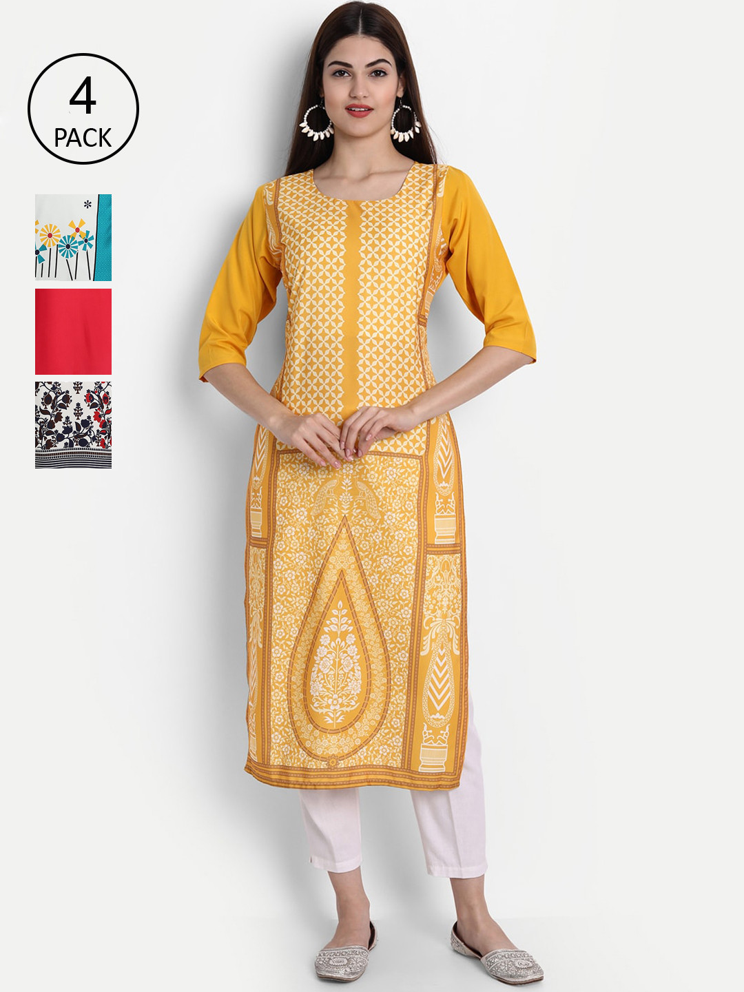 

1 Stop Fashion Women Pack of 4 Digital Printed Straight Kurtas, Yellow