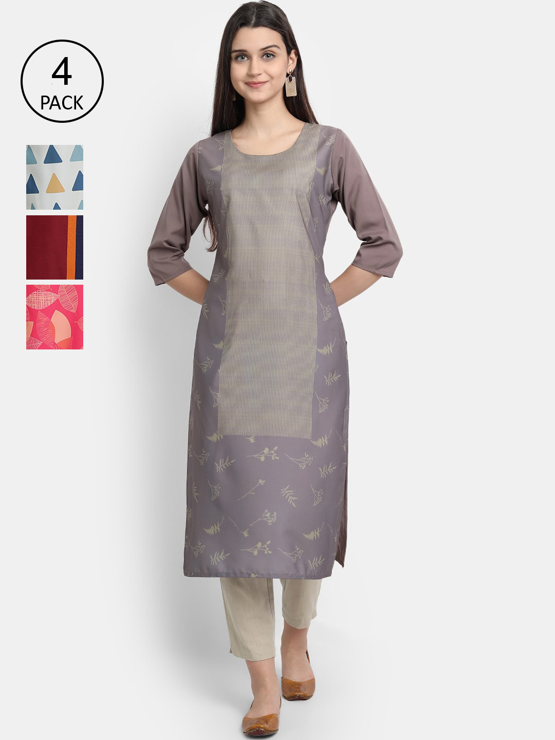 

1 Stop Fashion Set Of 4 Women Multicoloured Floral Printed Kantha Work Crepe Kurta, Multi