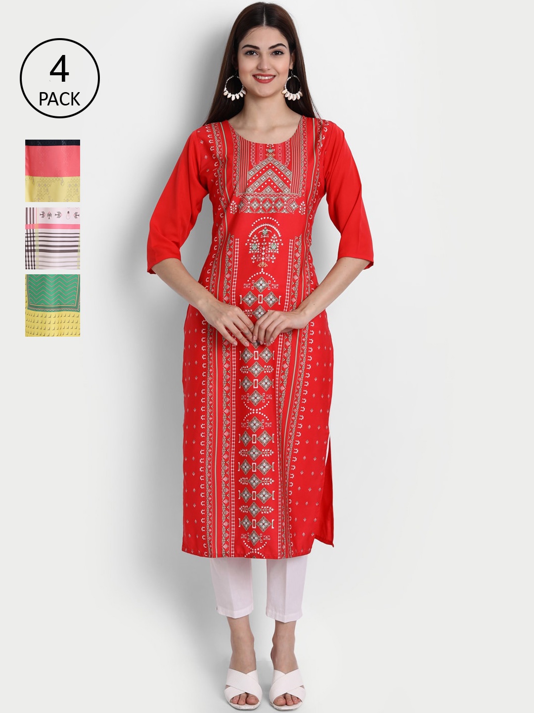 

1 Stop Fashion Women Pack of 4 Digital Printed Straight Kurtas, Red
