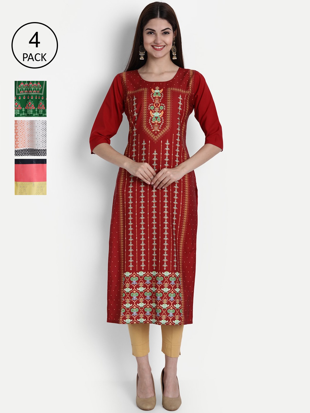 

1 Stop Fashion Women Pack of 4 Digital Print Straight Kurtas, Multi