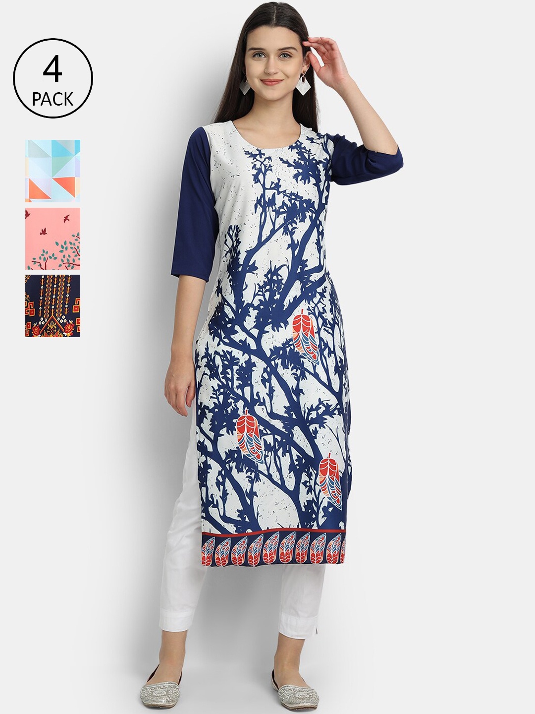 

1 Stop Fashion Women Pack Of 4 Digital Printed Crepe Kurta, Navy blue