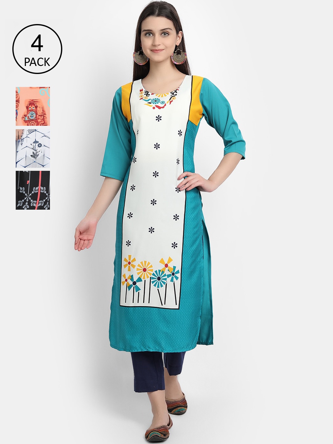 

1 Stop Fashion Women Pack of 4 Digital Print Straight Kurtas, Multi