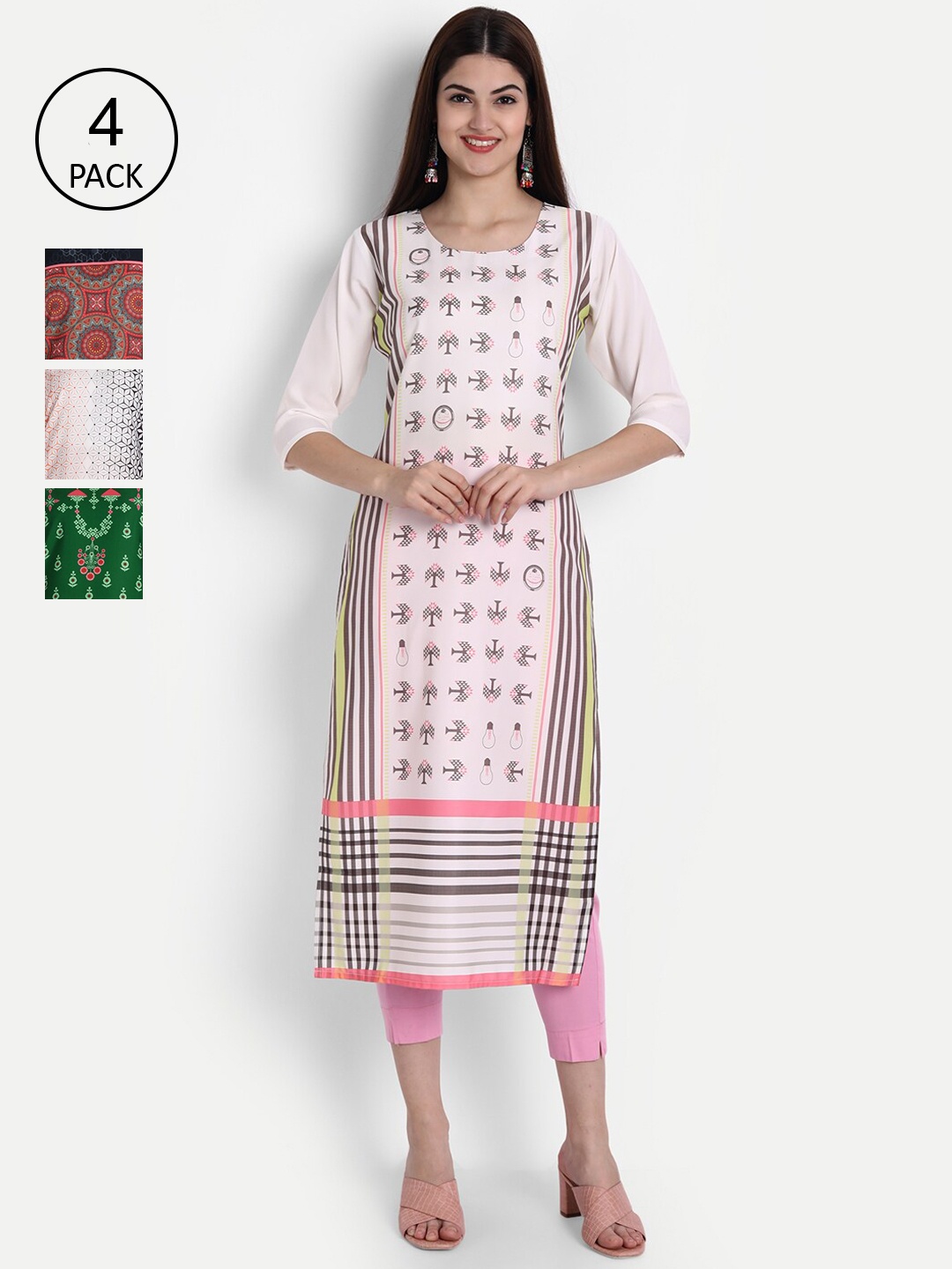 

1 Stop Fashion Women Pack of 4 Digital Print Straight Kurtas, Multi