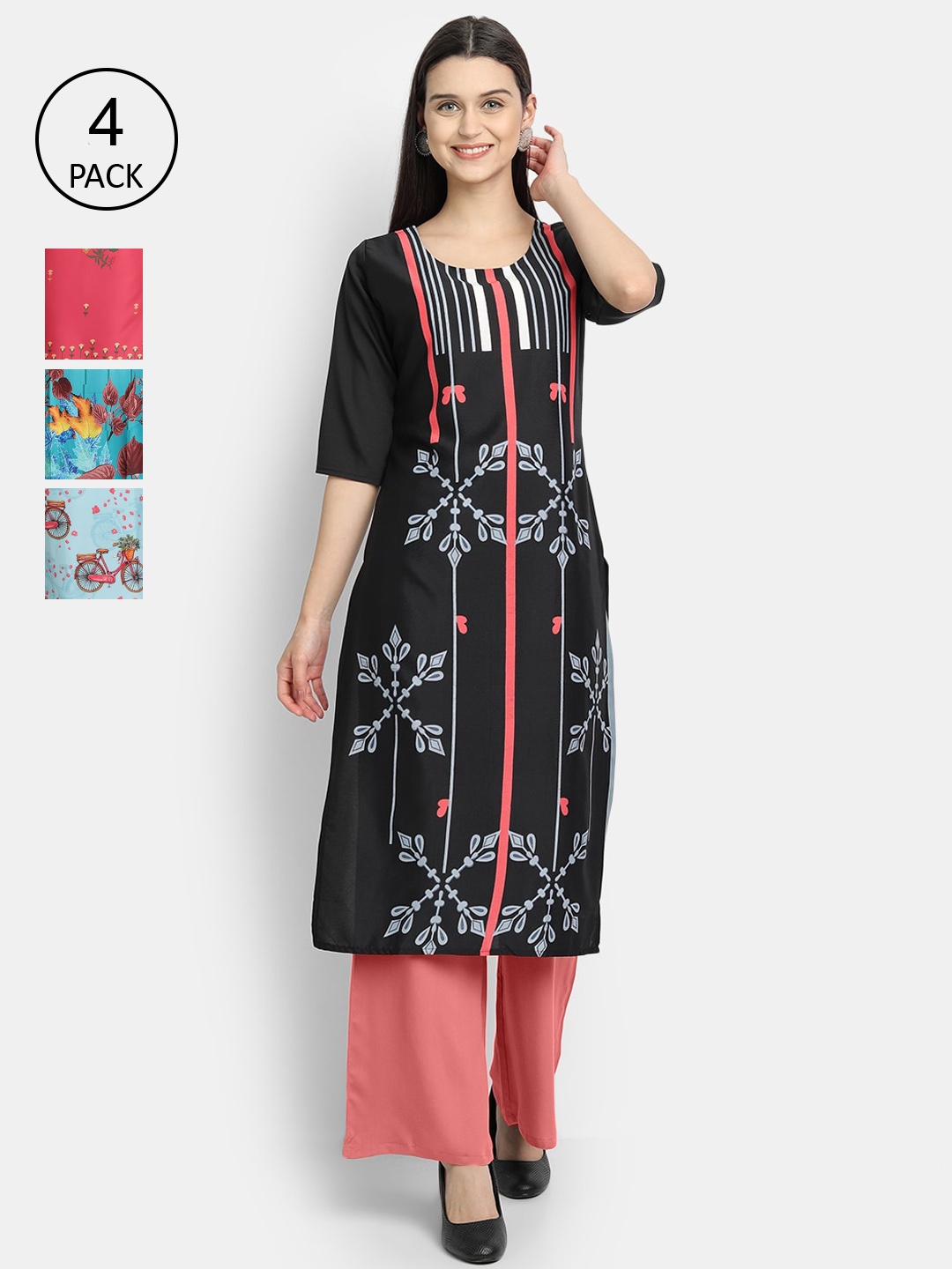 

1 Stop Fashion Women Pack of 4 Floral Printed Crepe Kurta, Black