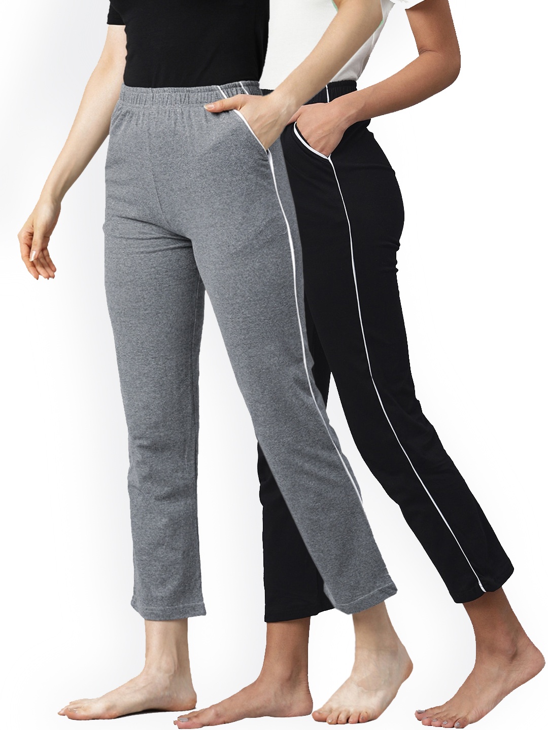 

NOT YET by us Women Pack Of 2 Solid Pure Cotton Lounge Pants, Grey