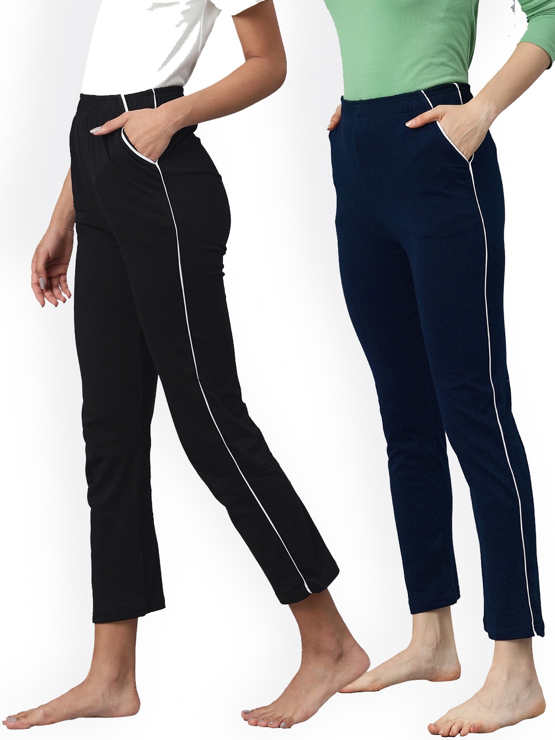 

NOT YET by us Women Black & Navy Blue Set Of 2 Solid Lounge Pants
