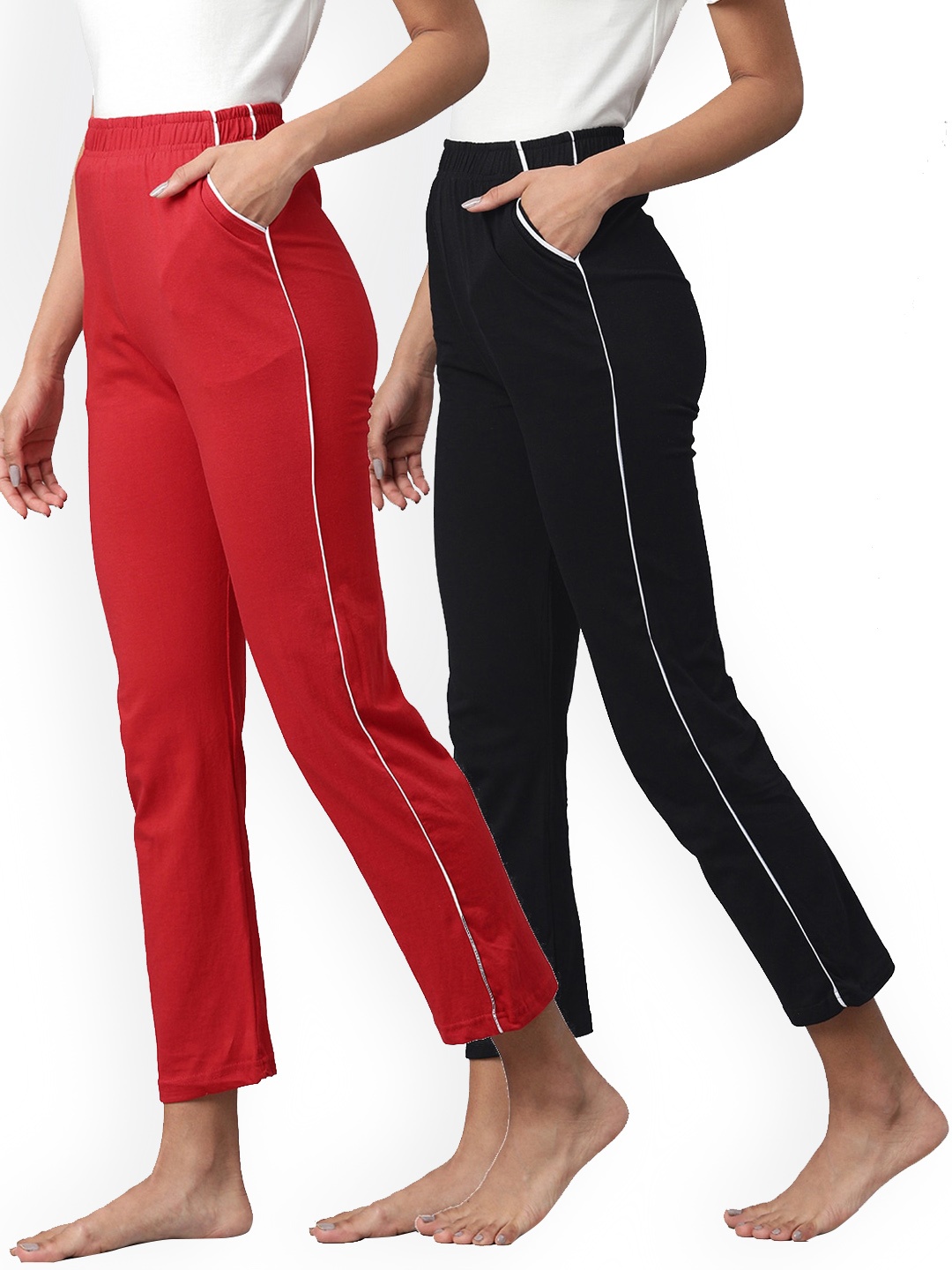 

NOT YET by us Women Pack Of 2 Black & Red Solid Lounge Pants