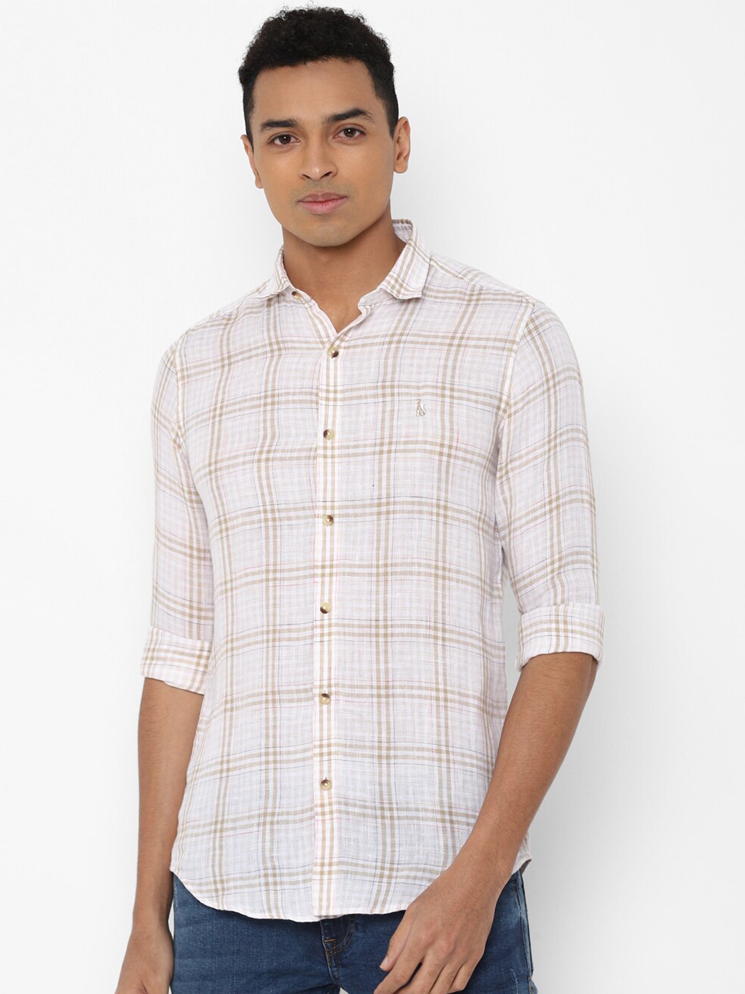 

SIMON CARTER LONDON Men White & Brown Linen Slim Fit Checked Casual Shirt