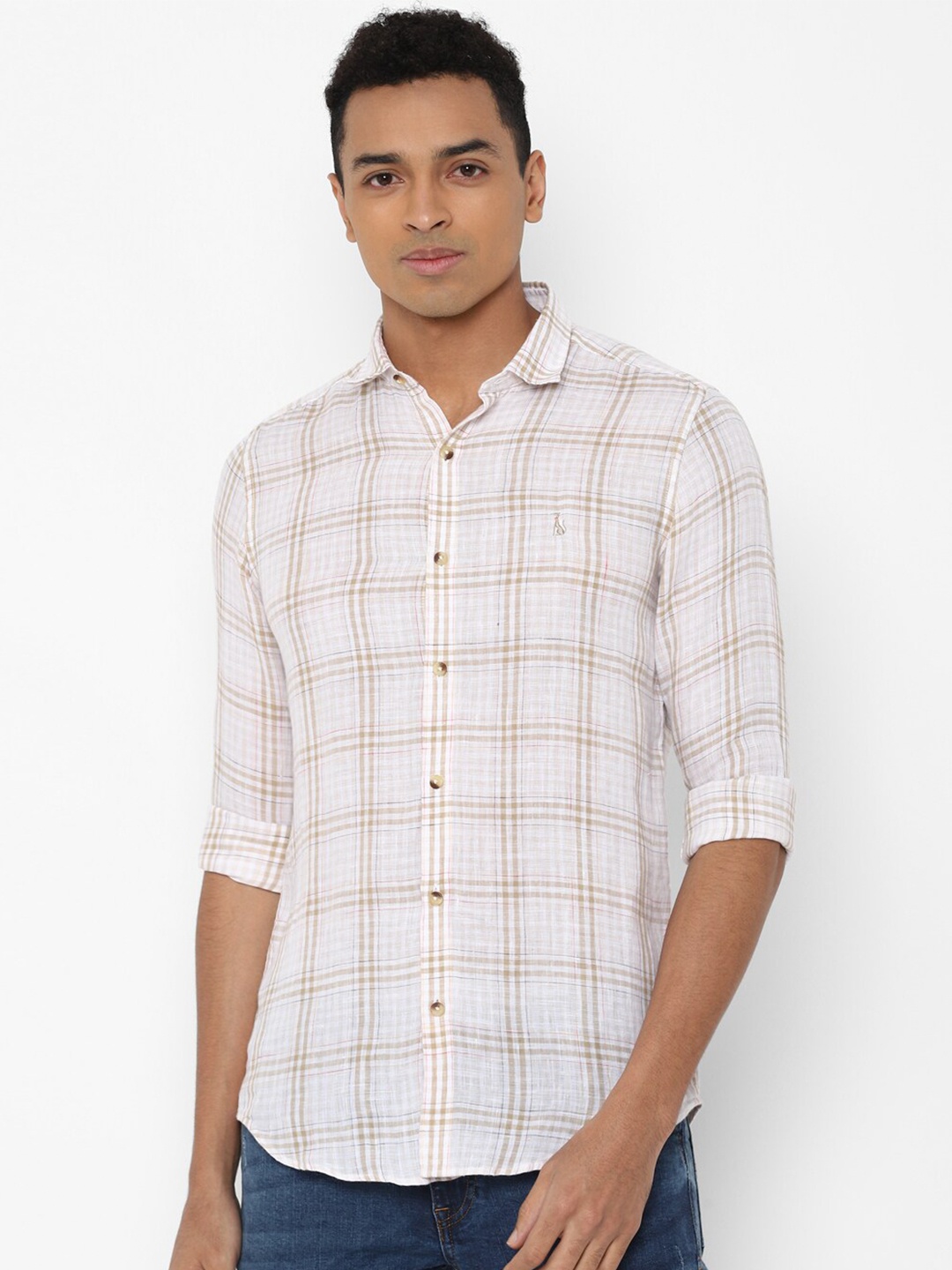 

SIMON CARTER LONDON Men White & Brown Linen Slim Fit Checked Casual Shirt