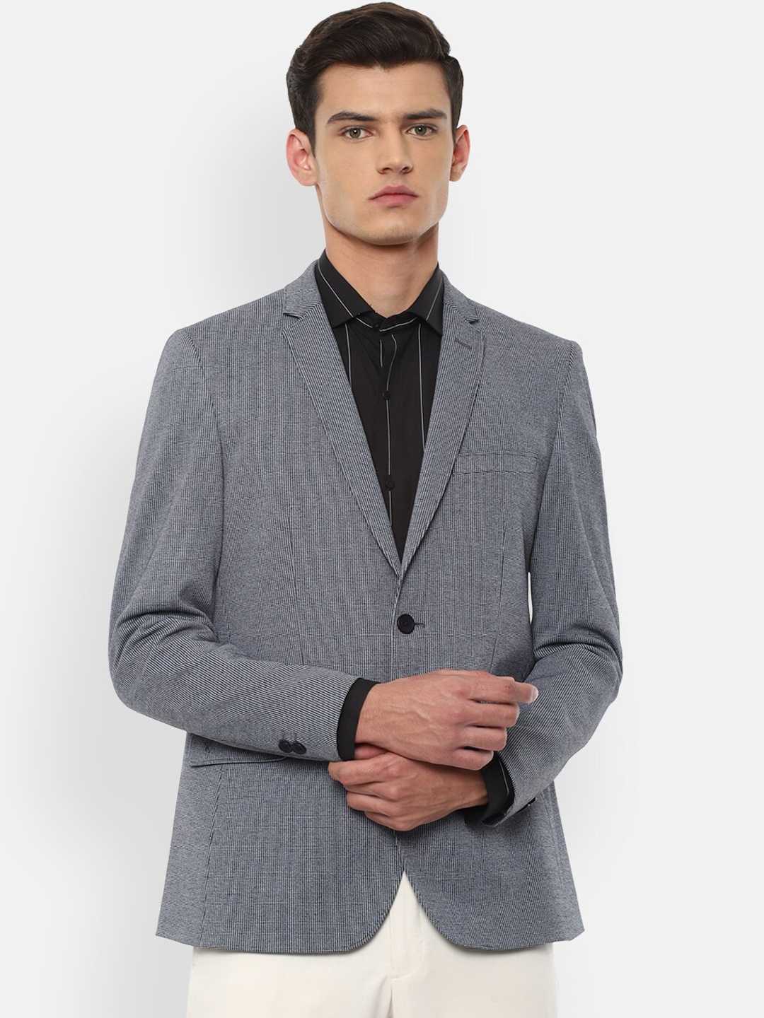 

V Dot Men Grey & White Checked Slim-Fit Single-Breasted Formal Blazer