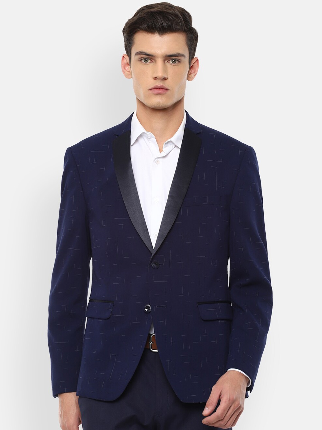 

V Dot Men Navy Blue Printed Slim-Fit Single-Breasted Formal Blazer