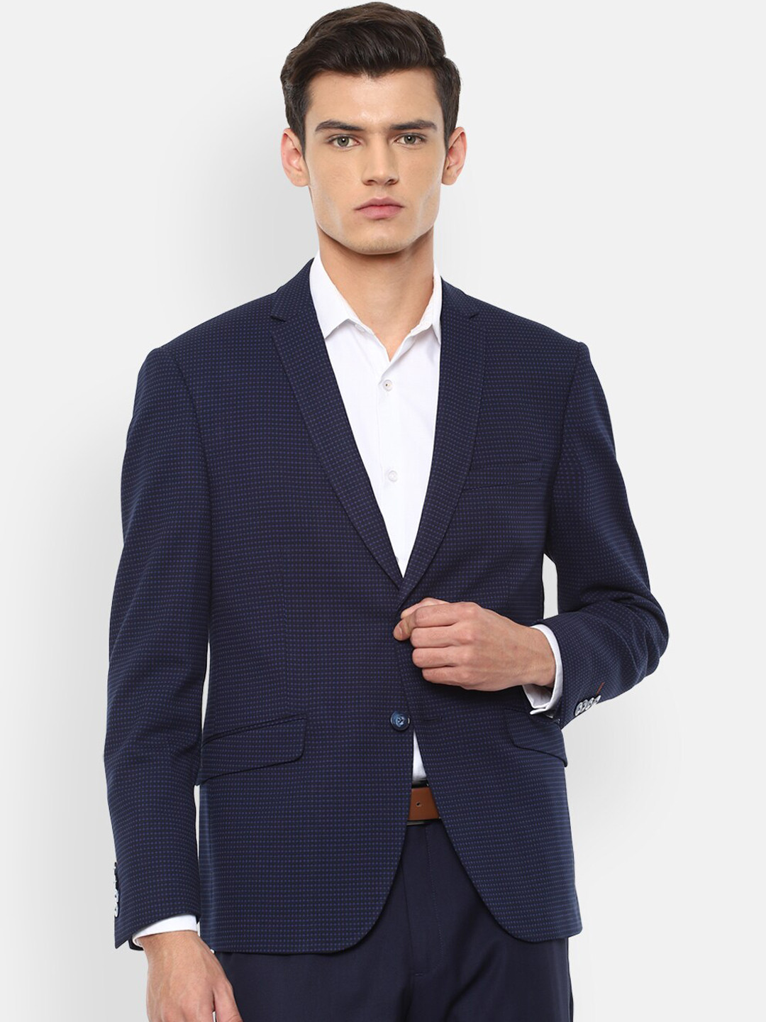 

V Dot Men Navy Blue Printed Slim-Fit Single-Breasted Formal Blazer
