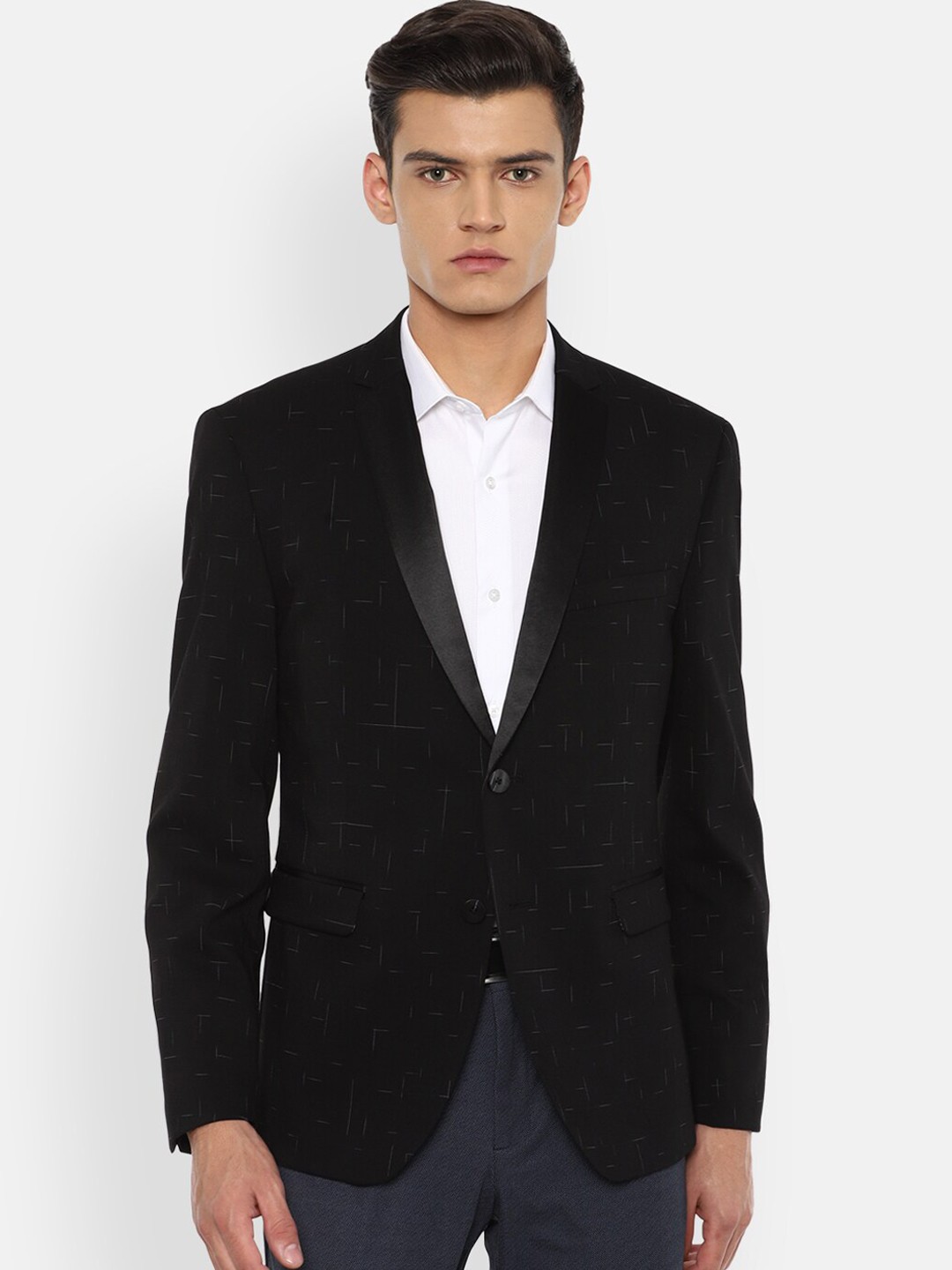 

V Dot Men Black Printed Slim-Fit Single Breasted Formal Blazer