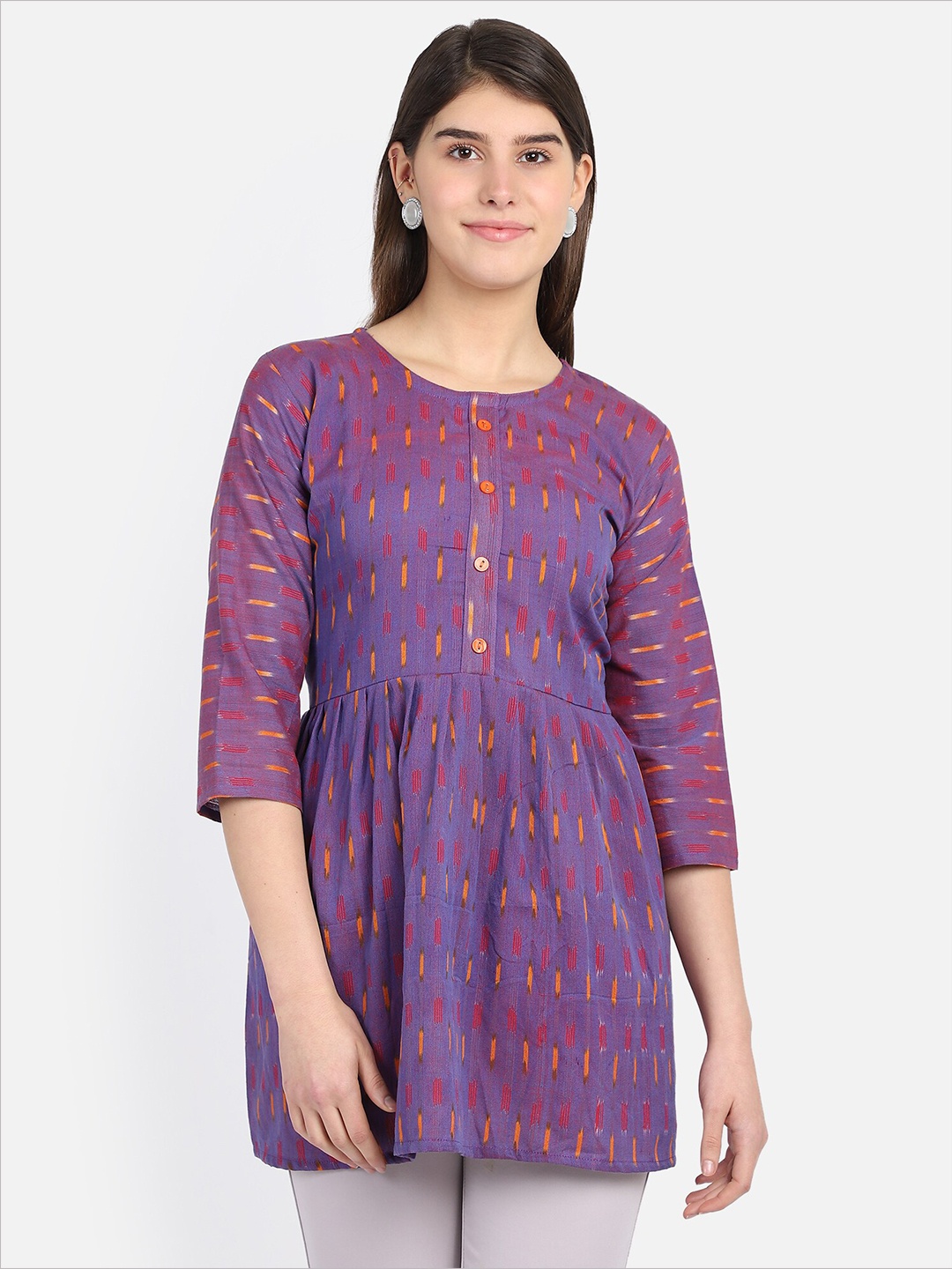 

Resha Purple & Red Ikat Woven Design Pure Cotton Pleated Kurti