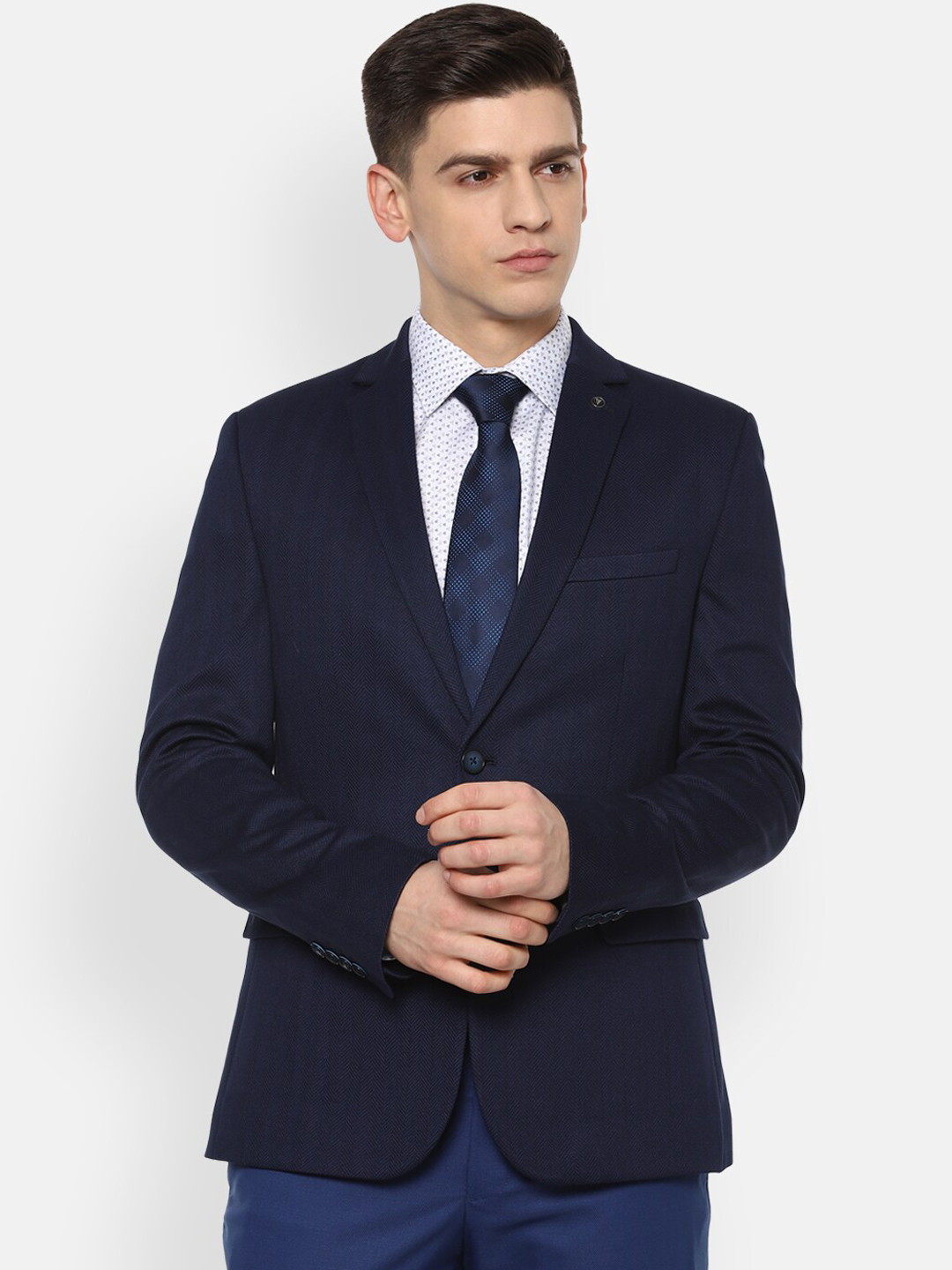 

Van Heusen Men Navy Blue Self Design Single-Breasted Formal Blazer