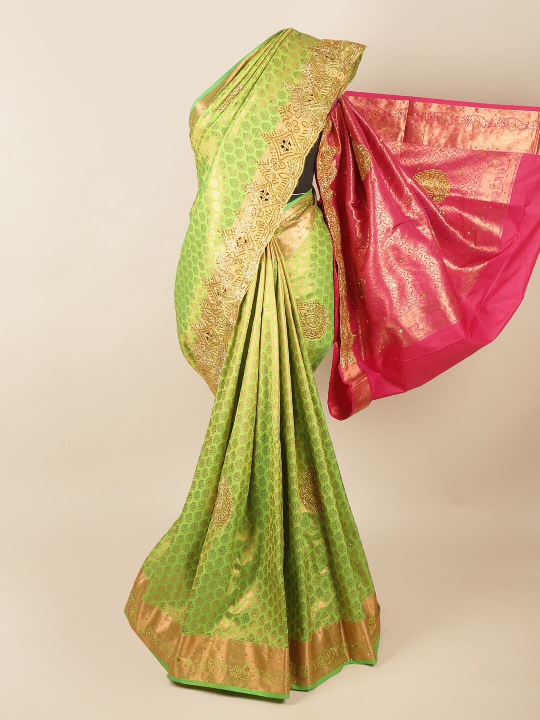 

Pothys Green & Magenta Ethnic Motifs Beads and Stones Pure Silk Saree