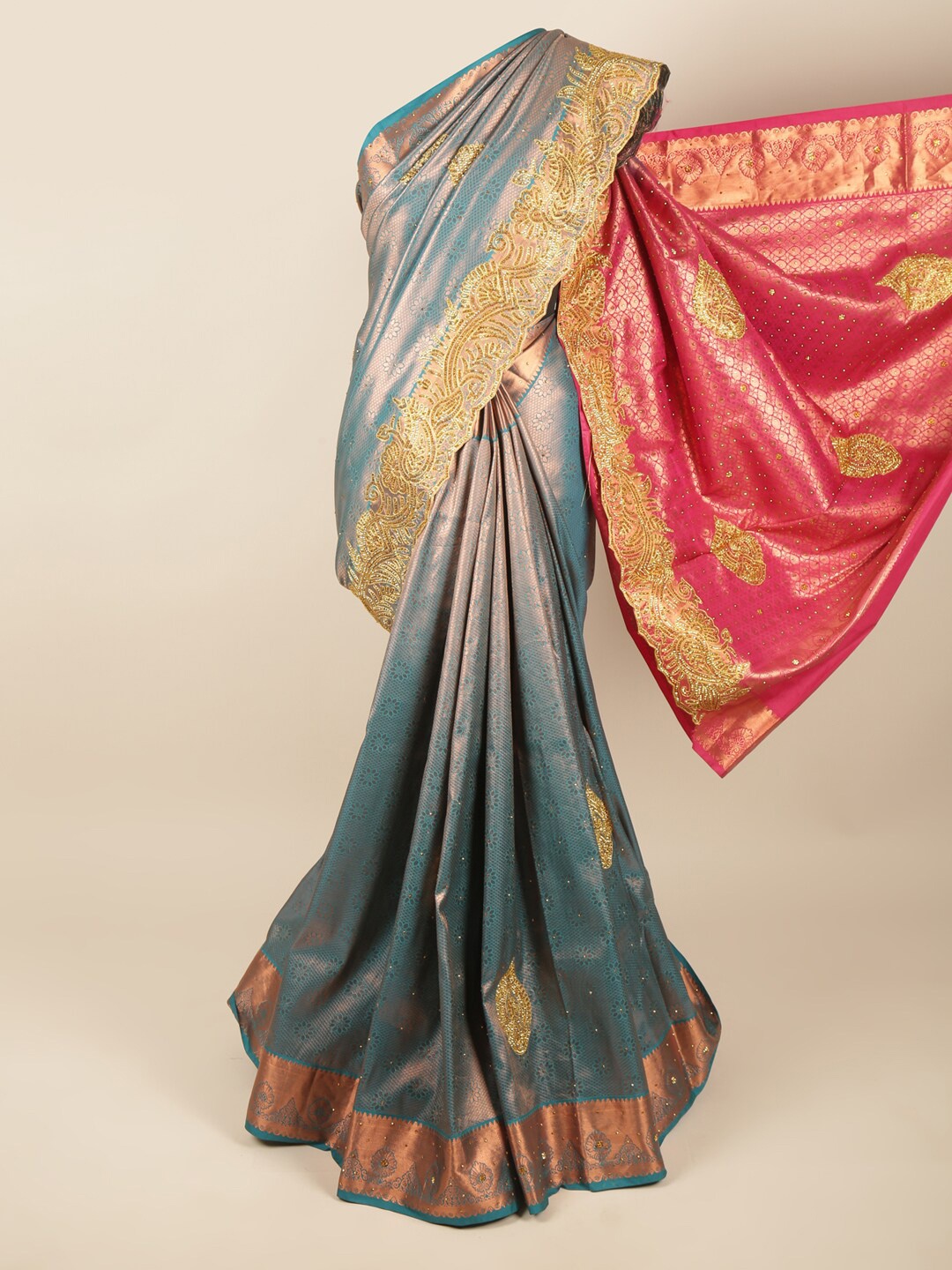 

Pothys Blue & Pink Ethnic Motifs Beads and Stones Pure Silk Saree